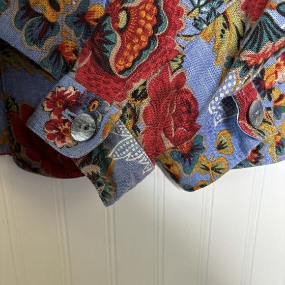 Coldwater Creek Shirt Jacket Shacket LG Blue Floral Linen Blend Cottagecore - Picture 3 of 11